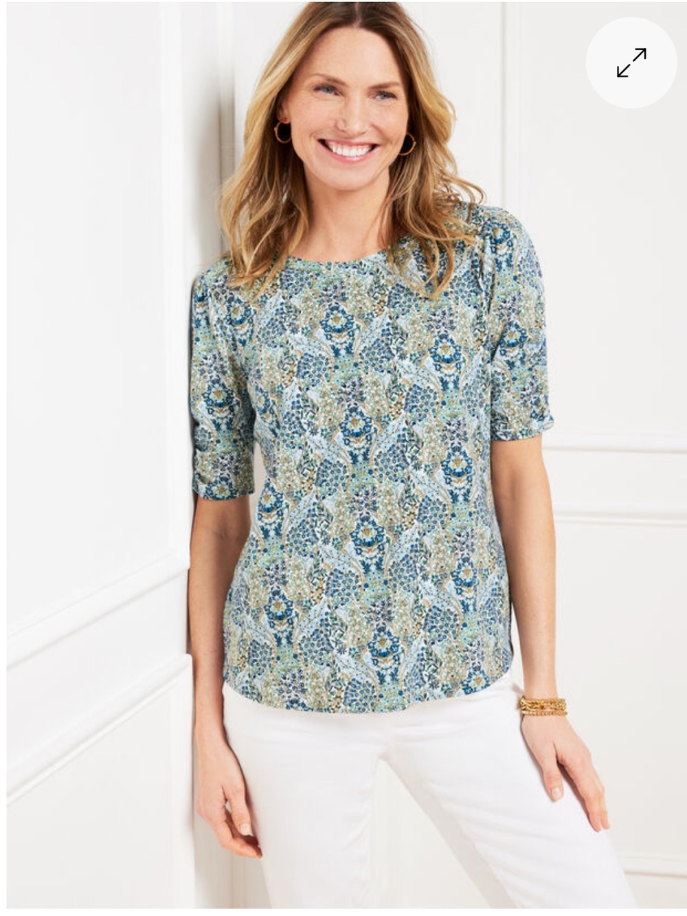 Talbots RUCHED CUFF CREWNECK TEE - BRANCHING FLORALS Blue Cotton Modal Size  XL